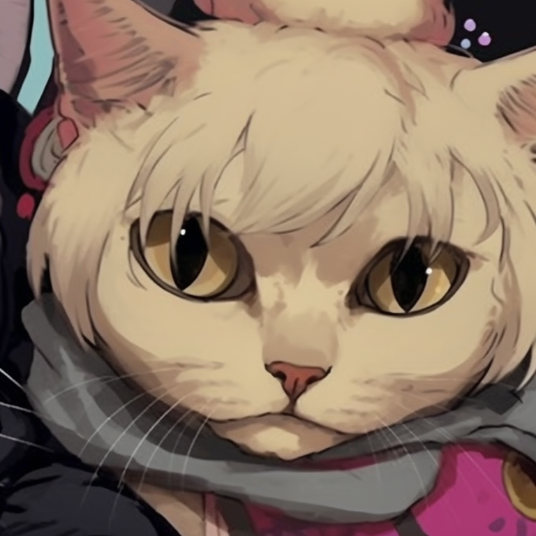 Two characters, rich ornate robes and celestial backgrounds, with cat eye designs. adorable matching cat pfp pfp for discord.