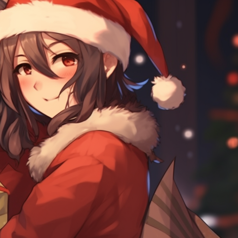 Two characters under a star-filled night sky, vivid colors contrasting the frosty Christmas tree between them. christmas themed matching discord pfp for girls pfp for discord.