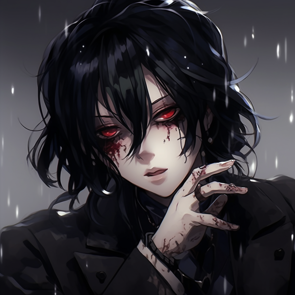 Full body illustration of Sebastian Michaelis in the gothic art form, a stark contrast in color and lighting. gothic aesthetics in anime pfp
