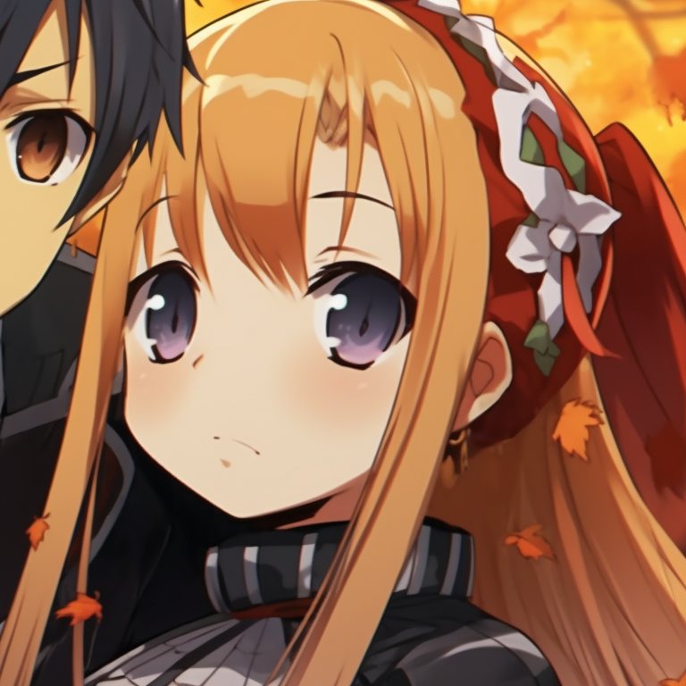 A close-up of the pair, detailed artwork with an emphasis on the characters' expressions. sword art online characters kirito and asuna halloween matching pfp pfp for discord.