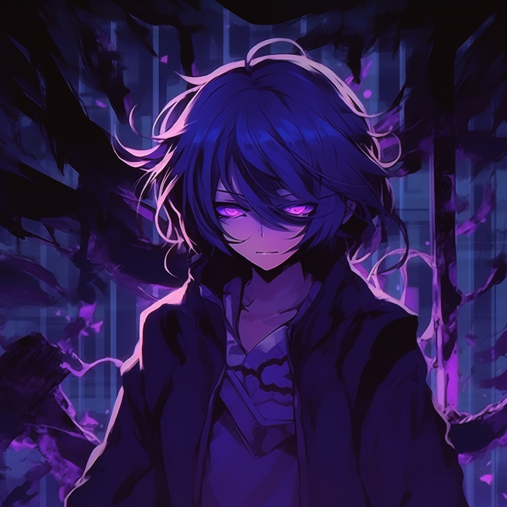 Kokichi Ouma within a ghostly purple aura, accentuating the character's mysterious nature animated purple characters pfp pfp for discord.