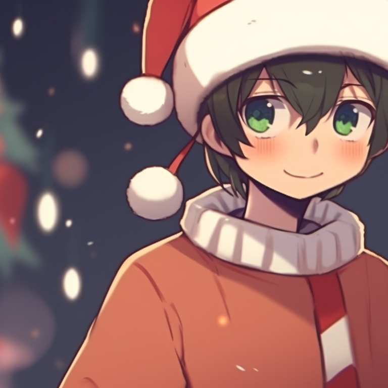 Two anime characters, under falling snow, sharing a close moment. iconic matching christmas pfp aesthetic pfp for discord.