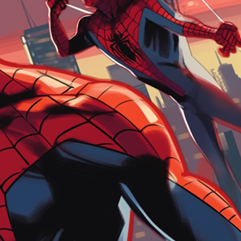 Two Spider-man characters in striking Spiderman attire, strong lines and vibrant colors. cartoon themes for spider man matching pfp pfp for discord.