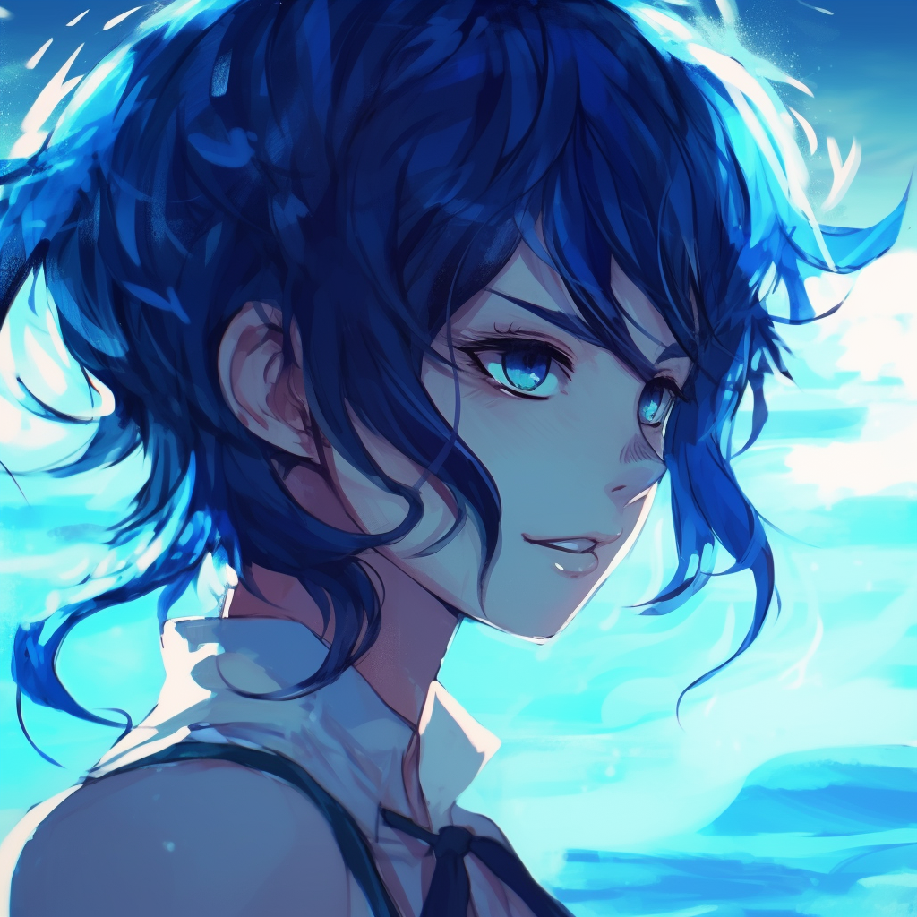Image of a young character with sapphire hair and matching eyes, gentle use of light and shadow to emphasize facial features. blue anime pfp for characters