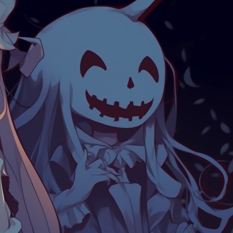 Two characters cuddling under a spooky tree, dark palette with pops of purple and orange. halloween theme matching pfp ideas pfp for discord.