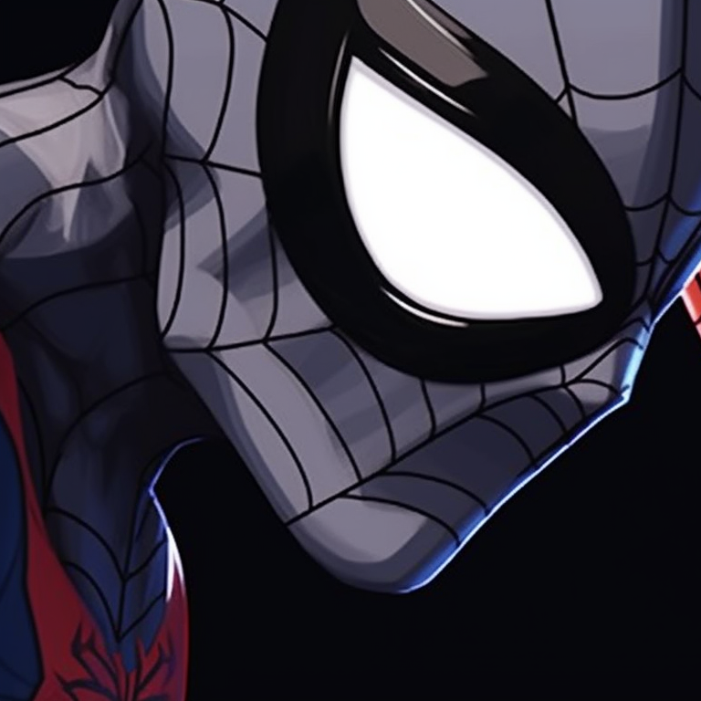 Two Spiderman characters standing guard at night, dark tones and high contrast lighting. cartoon matching spiderman pfp pfp for discord.