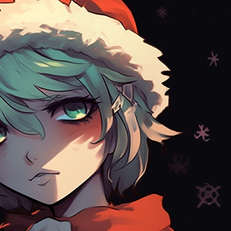 Two characters in Santa outfits, vibrant colors with a spooky undertone. halloween christmas themed profile inspiration pfp for discord.