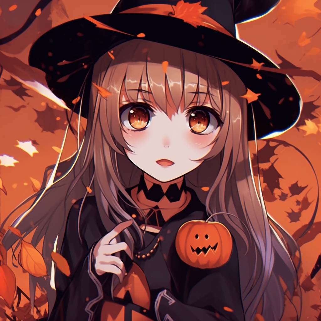 Anime girl wearing a cute pumpkin hat, with balanced composition and cheerful aesthetics. cute halloween anime pfp