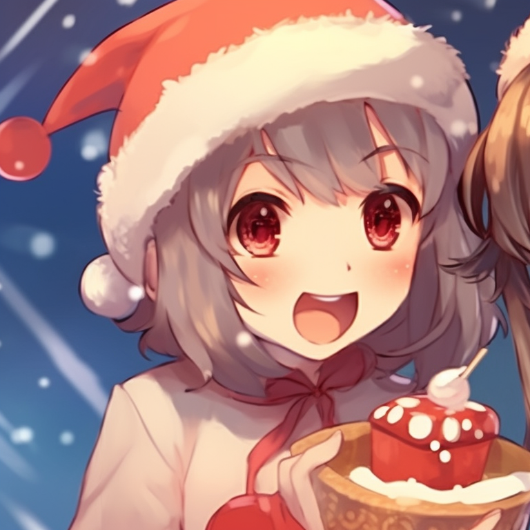 Two characters against a snowy backdrop equipped with ice skates, using soft blue and white colors. kawaii matching christmas pfp - anime style pfp for discord.