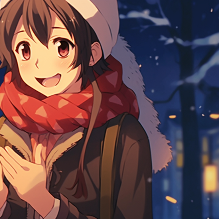 Two characters, vibrant colors and dynamic poses, laughing together amidst Christmas lights. cozy matching gif christmas pfp pfp for discord.