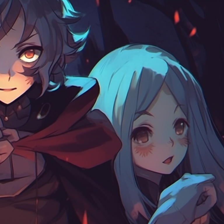 Three characters in the midst of a midnight adventure, dynamic poses and contrasting blue moonlight. halloween pfp trio pfp for discord.