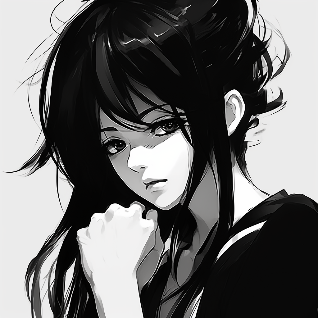 Beautifully detailed depiction of female anime hair in a monochrome color scheme. famous black and white pfp female anime pfp for discord.