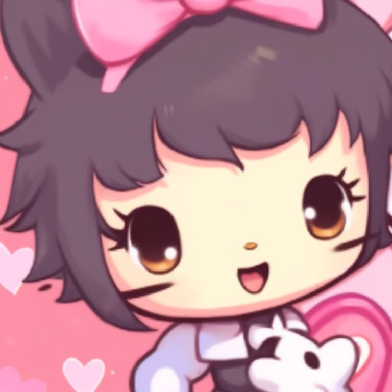 Hello Kitty and anime character in playful avatars, pastel colors with a hint of joy. hello kitty and anime characters matching pfp pfp for discord.