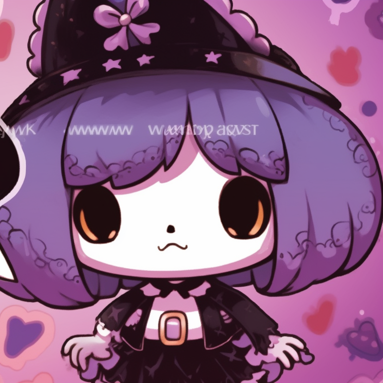 Two characters portrayed as witches in My Melody halloween costumes, surrealistic settings and striking colors. my melody matching pfp halloween theme costume ideas pfp for discord.
