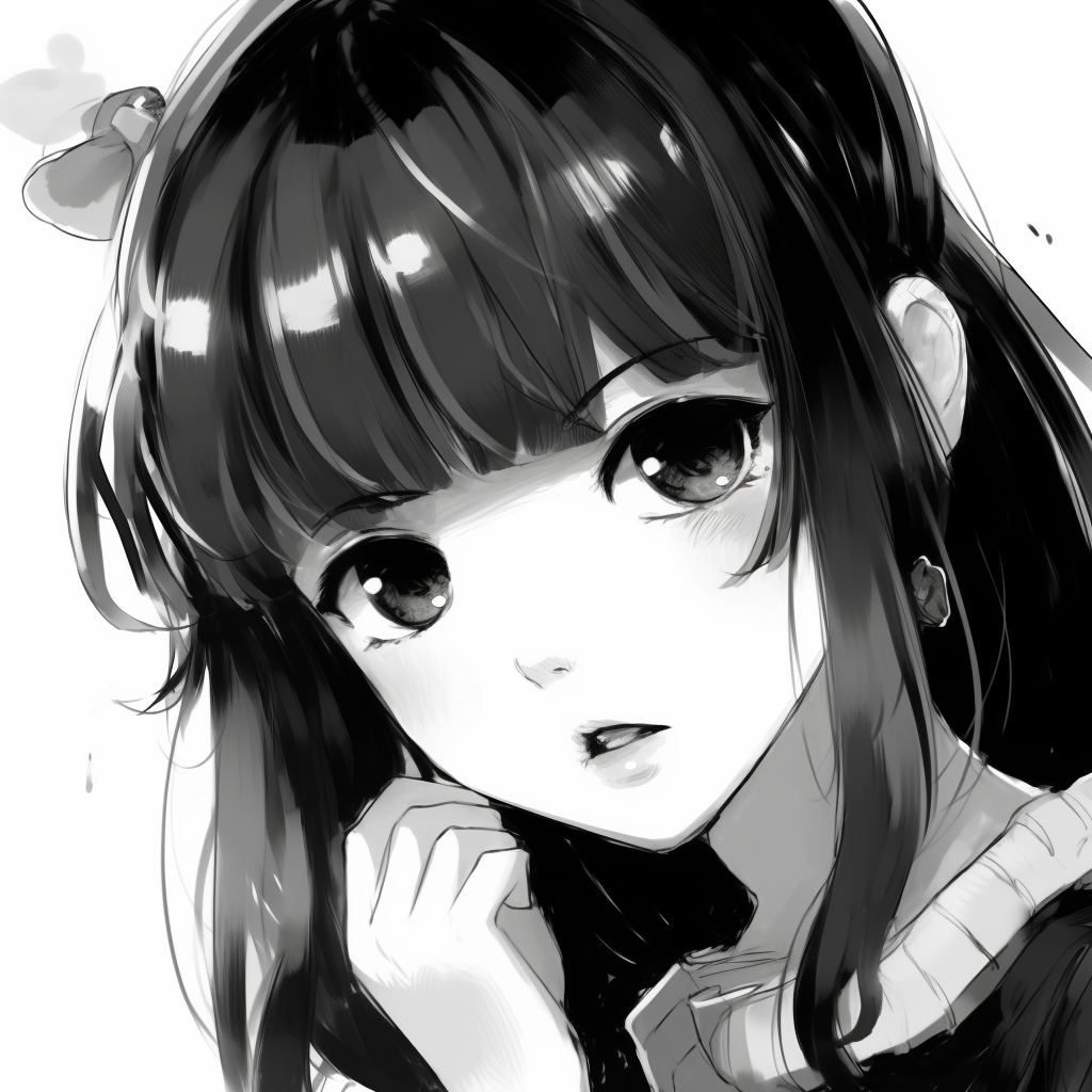 An anime girl against a stark background, the stark black and white contrast highlights her expressive eyes and fine details. black and white anime girl profile picture