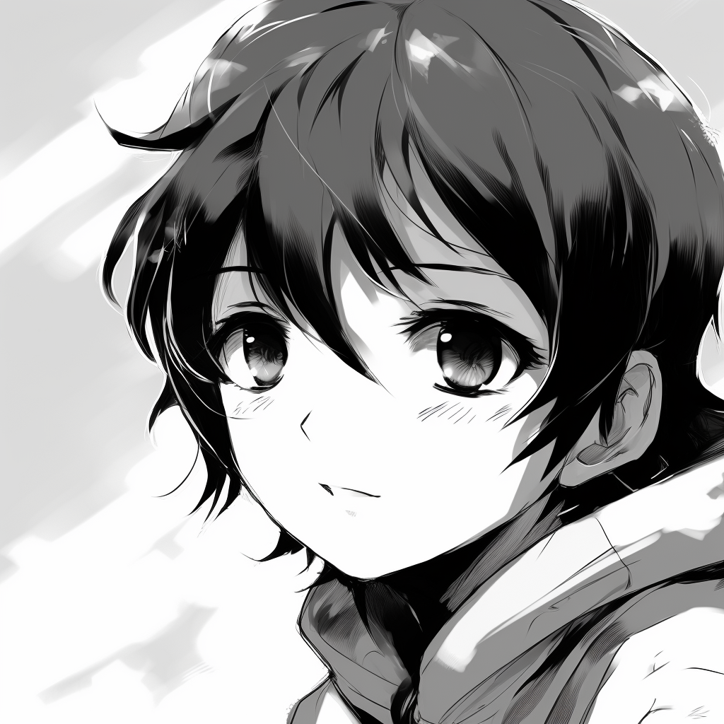 Anime boy depicted in the classic manga art style, black and white adding to the nostalgic charm. eminent black and white anime boy pfp pfp for discord.