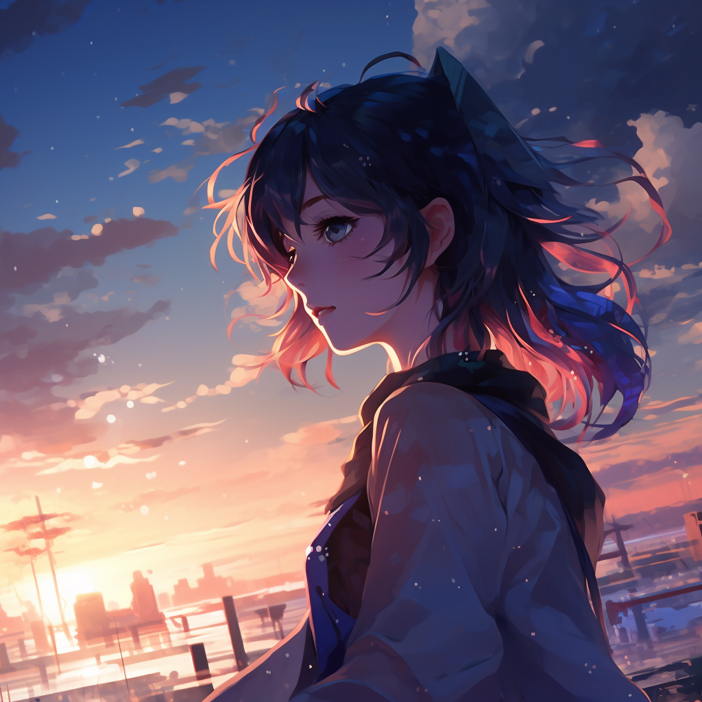 Profile view of anime girl under moonlight displaying shimmering hues of blue and silver. 4k anime girl profile picture