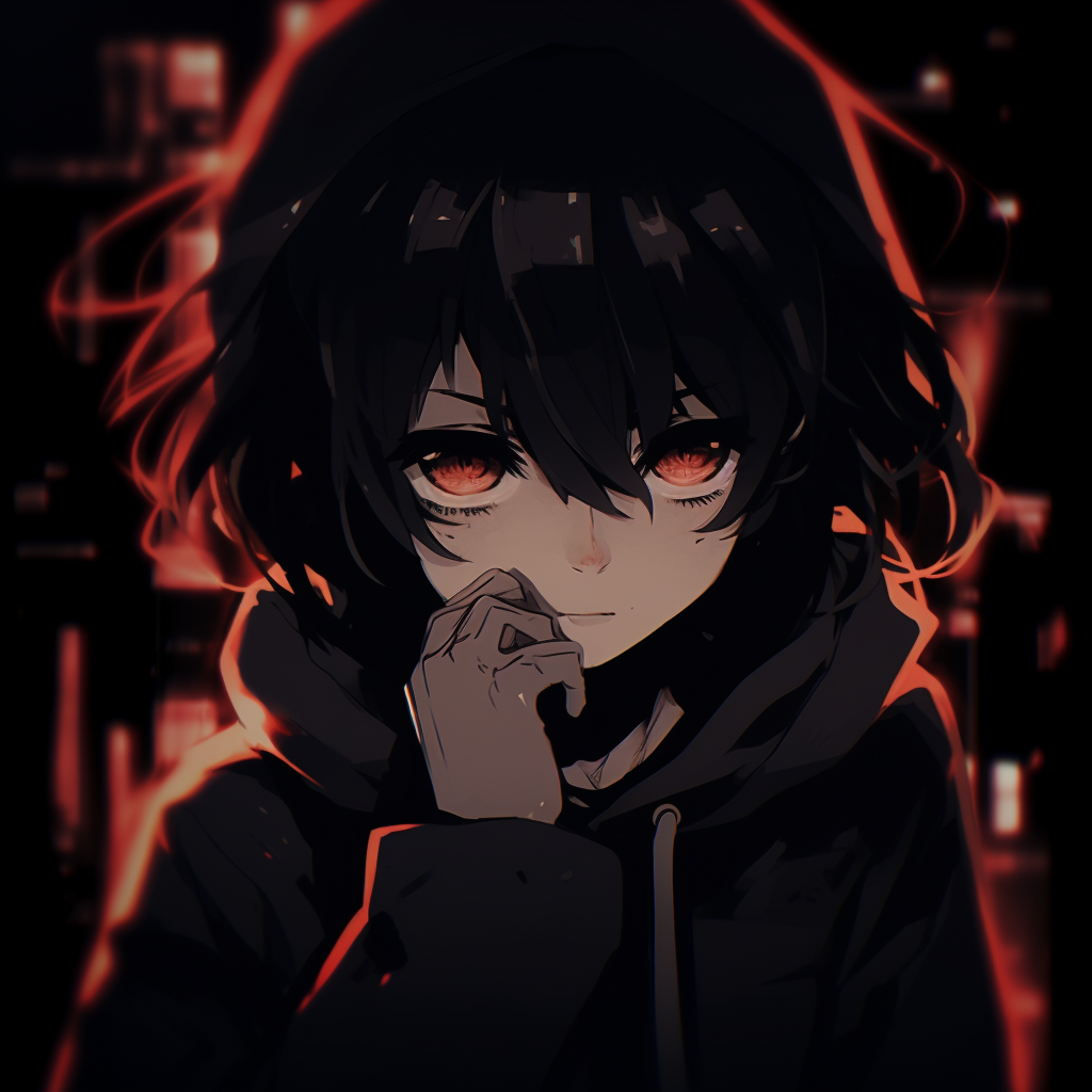 Anime boy emanating a dark aura, intense atmosphere with the use of dark tones. mysterious dark anime pfp boy