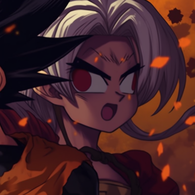 Trunks and Mai are adorned in masquerade masks, giving off dark hues and intricate designs. dragon ball couples in halloween costume pfp pfp for discord.