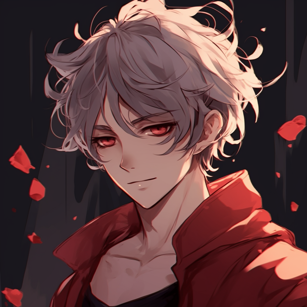 Strong male character with a hint of romance, bold outlines and vibrant tones. romantic male anime pfp