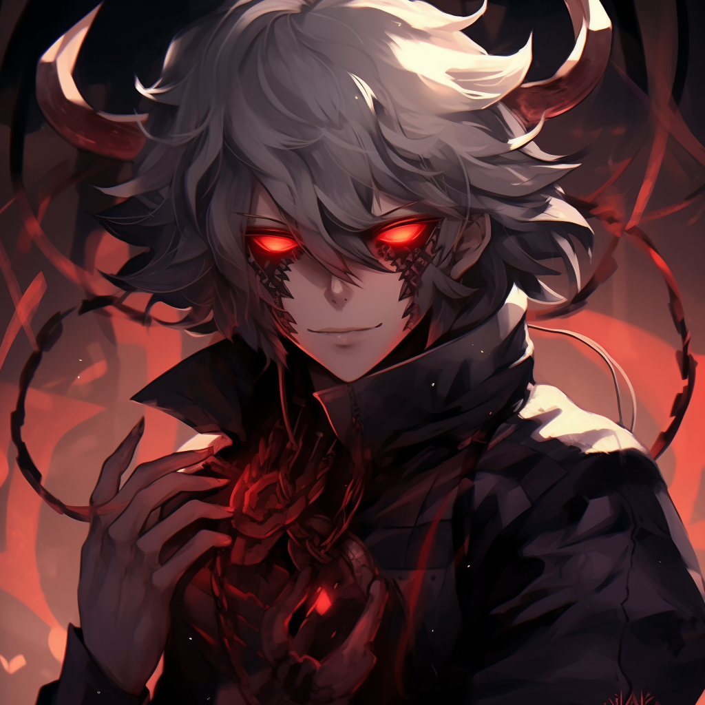 Anime demon character with glowing eyes, noir-heavy shadows, and red accents. prime anime demon pfp pfp for discord.