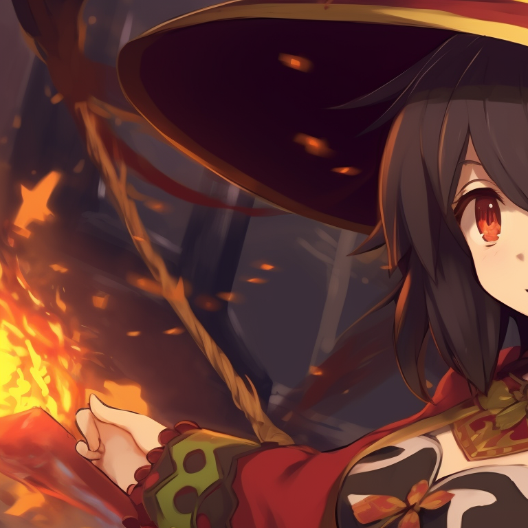 Close-up of Megumin, the glowing Christmas lights reflecting in her eyes, attention to color contrast and lighting. megumin christmas pfp collection pfp for discord.