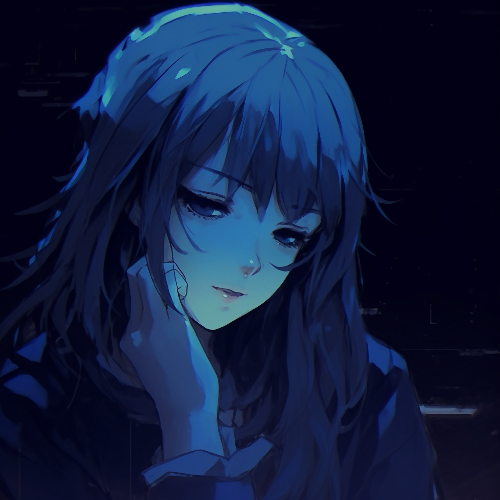 A somber anime character portrait, focusing on detailed expressions and dark blue coloring. dark blue anime pfp