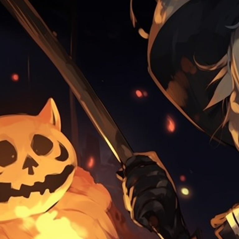 Close-up of two characters both with eerie expressions, rich details, and a contrasting background with a full moon. ideal matching aesthetic halloween pfp pfp for discord.