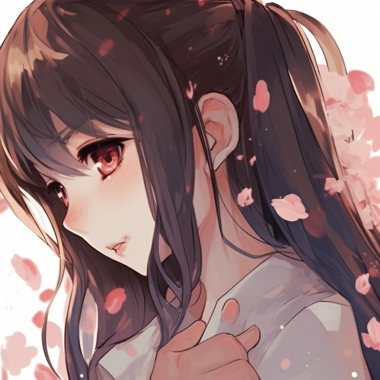 Two characters under a shower of cherry blossoms, delicate shading and serene expressions. manga themed couple pfp matching pfp for discord.