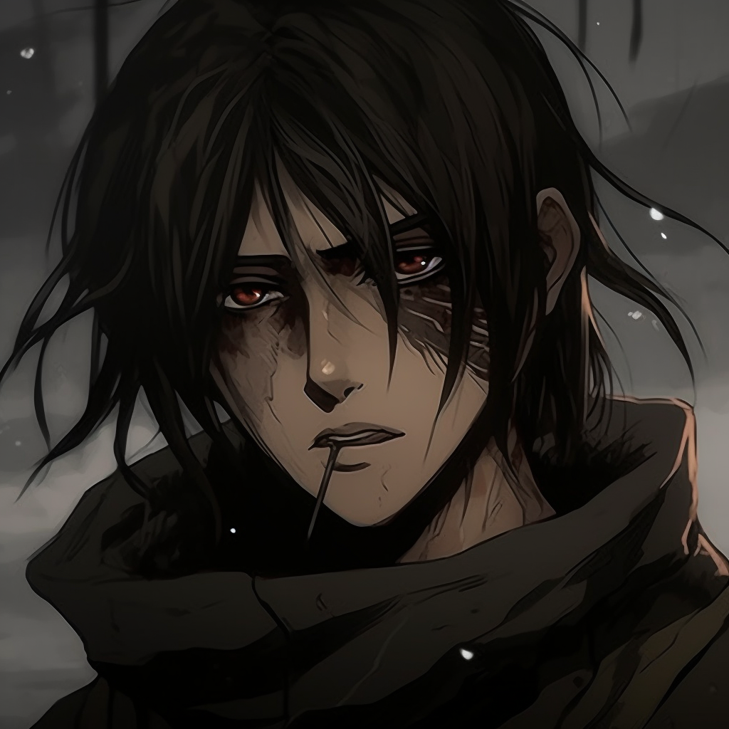 Eren's intense stare, emerging from shadows. Rich in texture, showcasing his anger and determination. anime-focused dark aesthetic pfp pfp for discord.