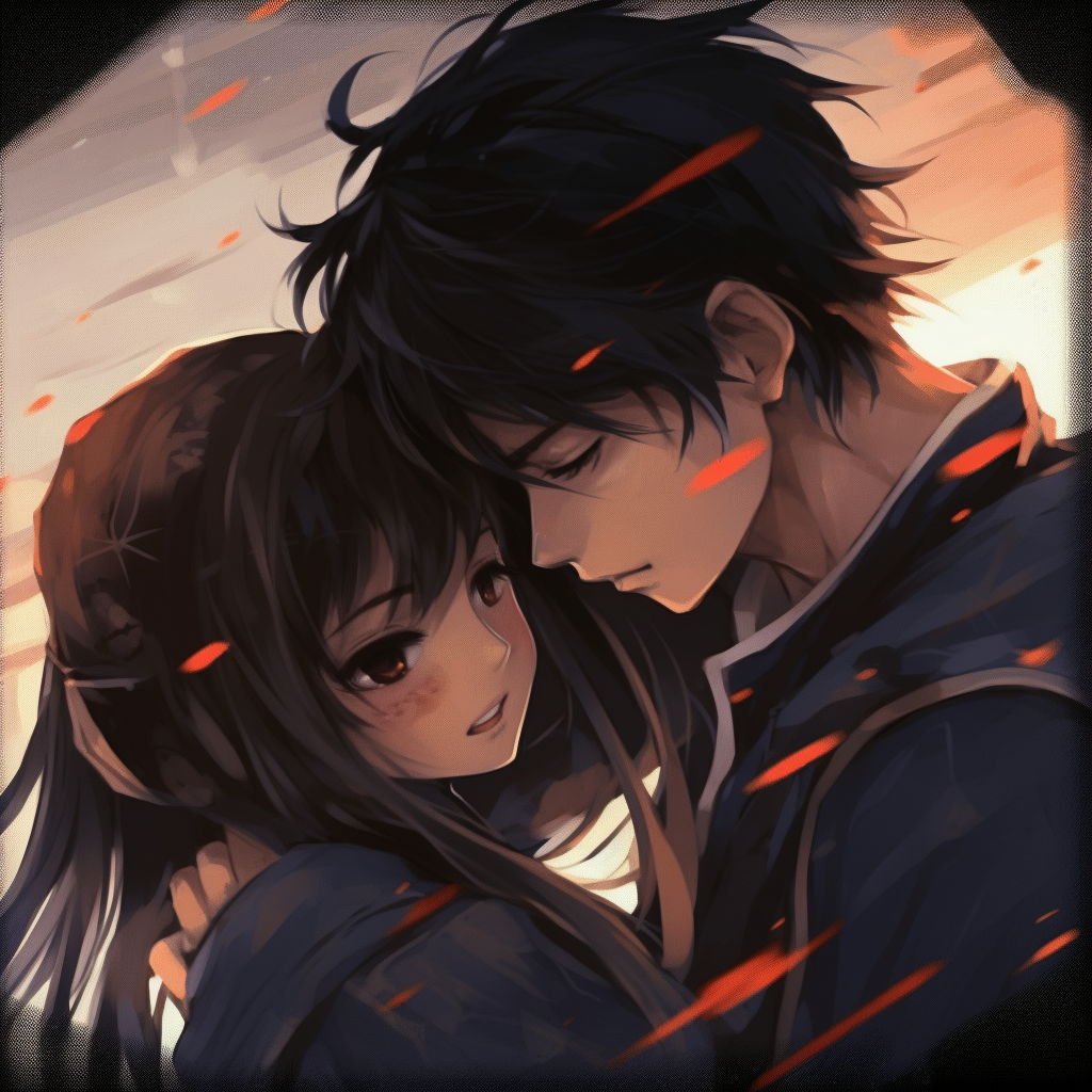 Lovers emerging victorious in a fight, cinematic framing and dramatic expressions. dramatic scenes couple anime matching pfp pfp for discord.