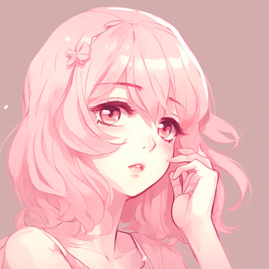 Playful anime girl showing a joyful expression, her pink hair styled in voluminous curls. cute pink anime pfps for girls