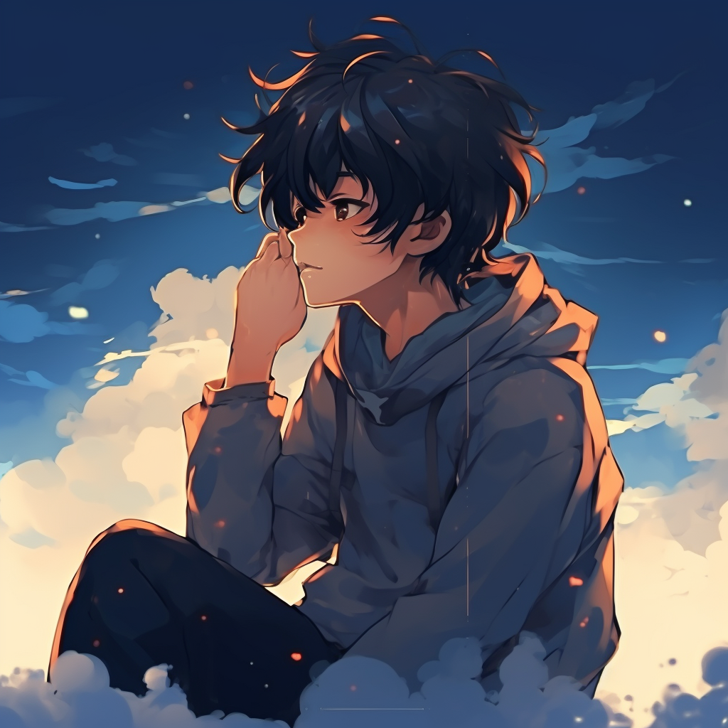 Anime profile picture of a cool boy against a serene cityscape twilight, rendered in beautiful digital art. chill anime pfp for boys