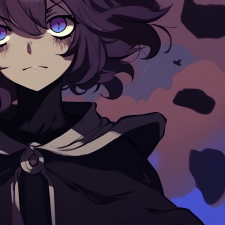 Characters in dark attire, glaring eyes against a dramatic red background. perfect matching aesthetic halloween pfp pfp for discord.