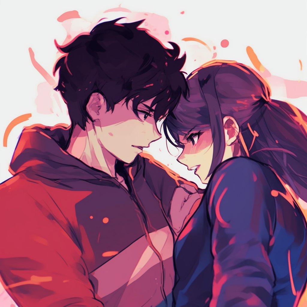 Adorable chibi style anime couple, pastel tones and exaggerated cute features. animated matching couple pfp