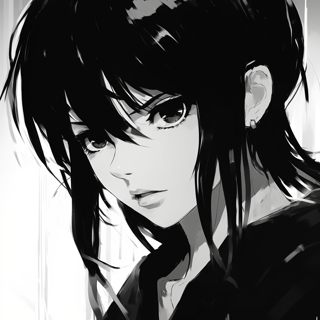 Mysterious female character in profile, delicate linework in black and white. black and white anime female profile picture