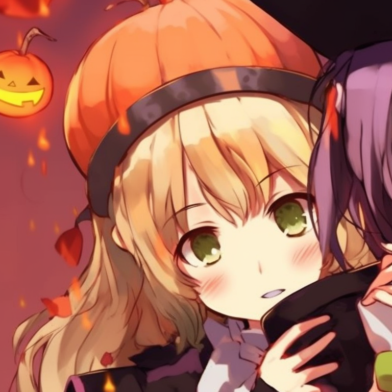 Mitsuri and Obanai sharing a Halloween treat, bright colors and playful designs. mitsuri and obanai themed halloween matching pfps pfp for discord.