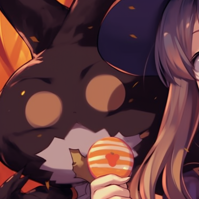 Two characters sharing a candy corn, bright colors with a bittersweet expression. details of anime couple halloween scene backdrop pfp for discord.