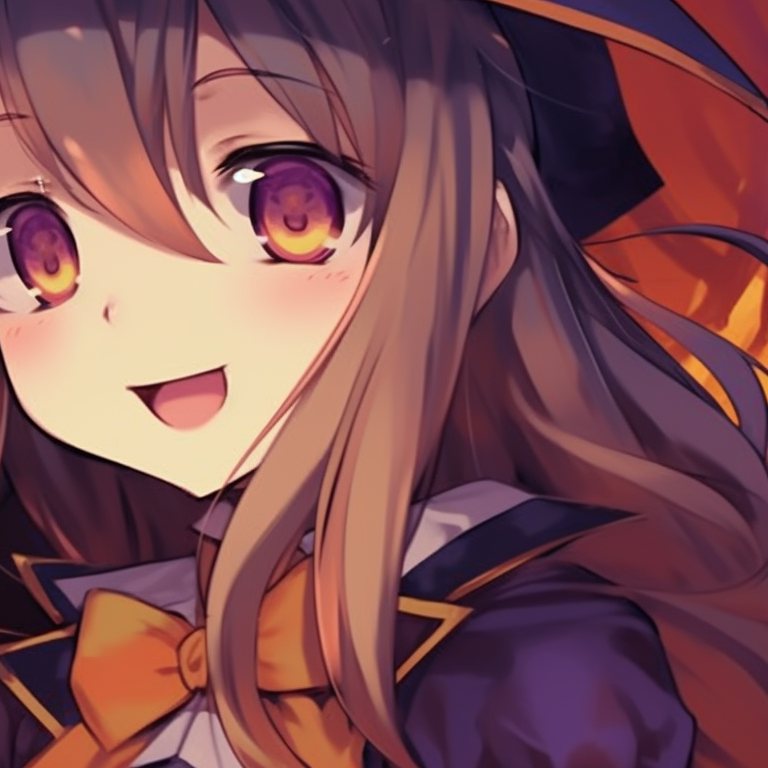 Two characters sharing a candy corn, bright colors with a bittersweet expression. details of anime couple halloween scene backdrop pfp for discord.