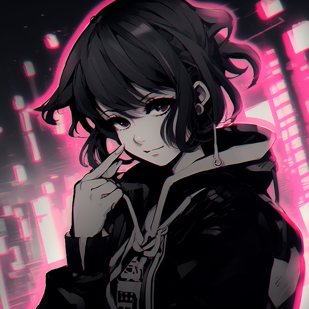 Profile view of an anime character with a cyber city background and intense colors. anime pfp aesthetic variations