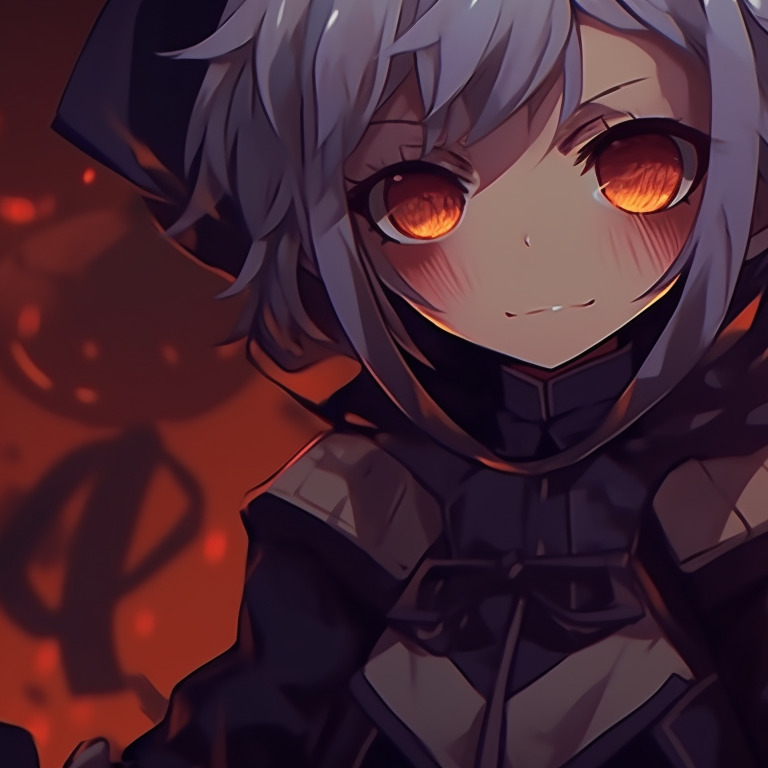 Two characters, bright orange pumpkin masks and attire, standing triumphantly. dark matching pfp halloween theme heroes pfp for discord.