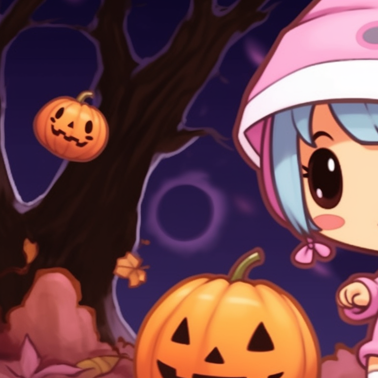 Two My Melody characters taking a stroll on a spooky night, one holding a lantern casting eerie shadows. my melody matching pfp halloween theme diy pfp for discord.