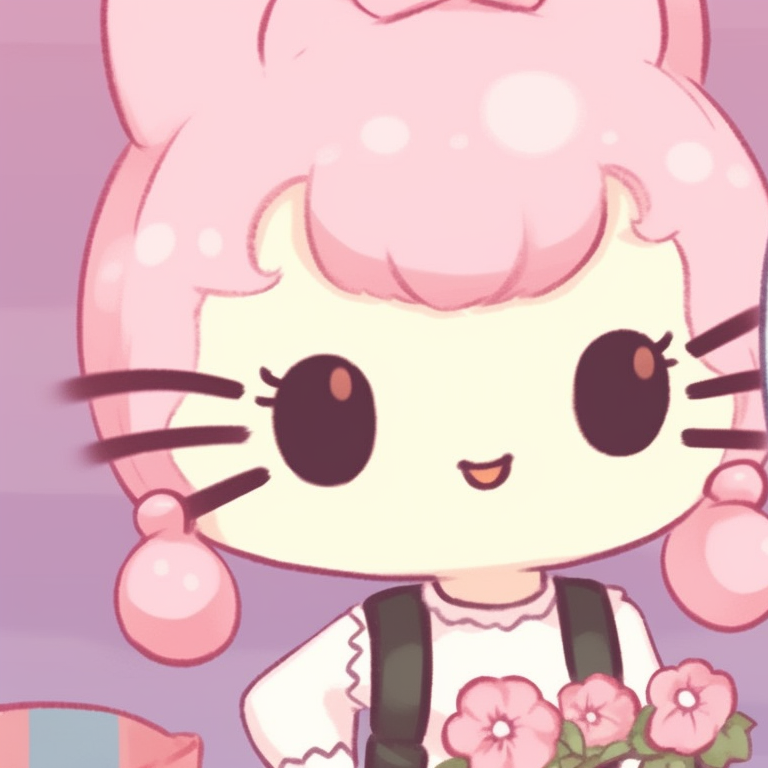 Two characters in a daydream scene, pastel clouds and floating Hello Kitty balloons. hello kitty aesthetic matching pfp pfp for discord.
