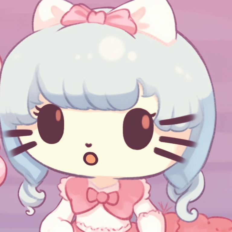 Two characters in a daydream scene, pastel clouds and floating Hello Kitty balloons. hello kitty aesthetic matching pfp pfp for discord.