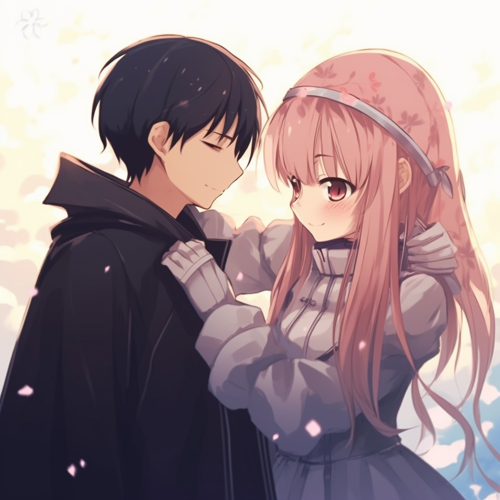Kirito and Asuna in a loving embrace, detailed costumes and warm color palette best duo: matching anime pfp for girl and boy couples