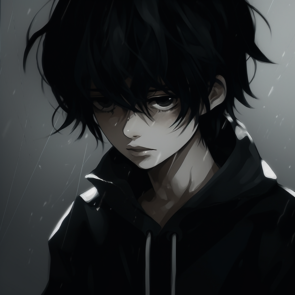 Brooding anime boy character, featuring bold outlines and cool color palette. charming sad anime pfpHD, free download