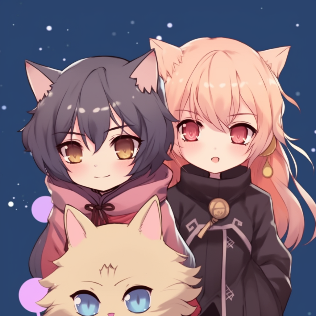 Three anime characters, one with cat ears, soft colors and chibi art style. cute anime trio pfp pfp for discord.