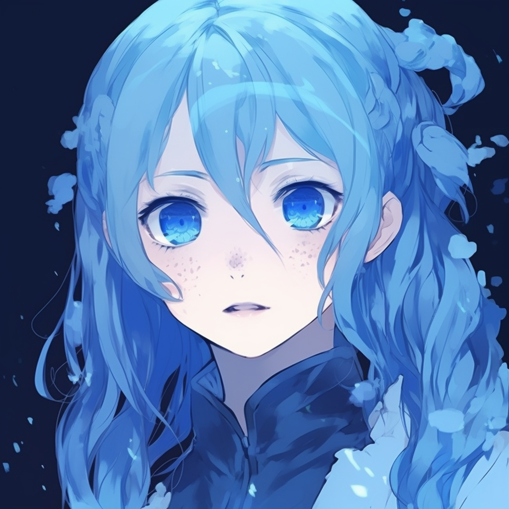 Portrait of a character with icy blue eyes, cold stare, details are crisp and stand out against a cool-toned background. blue anime pfp for characters