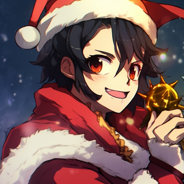 Close up of two characters, displaying soft smiles under a cascade of Christmas lights, wrapped in their cozy winter wear and holding festive flare. holiday demon slayer pfps pfp for discord.