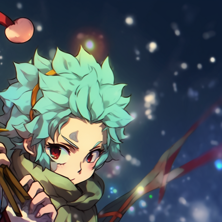 Close up of two characters, displaying soft smiles under a cascade of Christmas lights, wrapped in their cozy winter wear and holding festive flare. holiday demon slayer pfps pfp for discord.